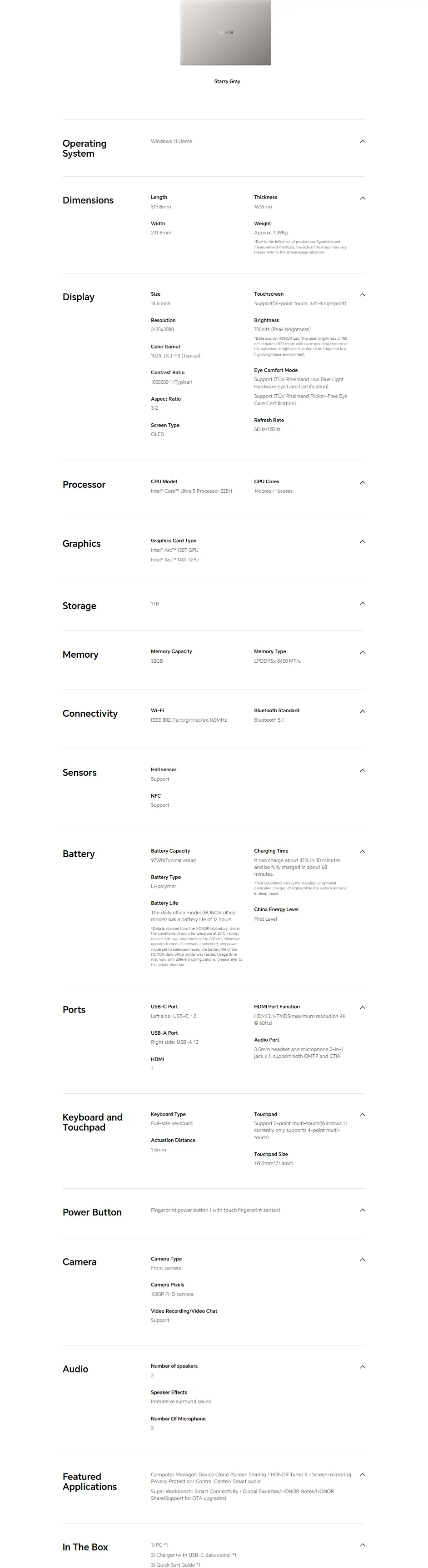 Specification of HONOR MagicBook Pro 14 HONOR AE