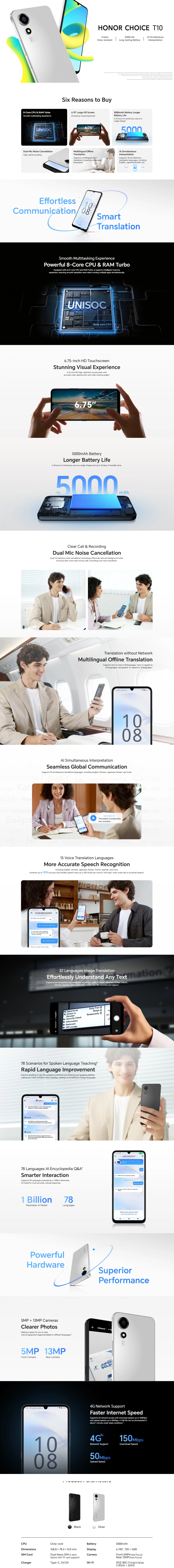 Honor Choice T10 Lebanon - 6.75 HD Display, 5000mAh Battery, AI Translation Phone