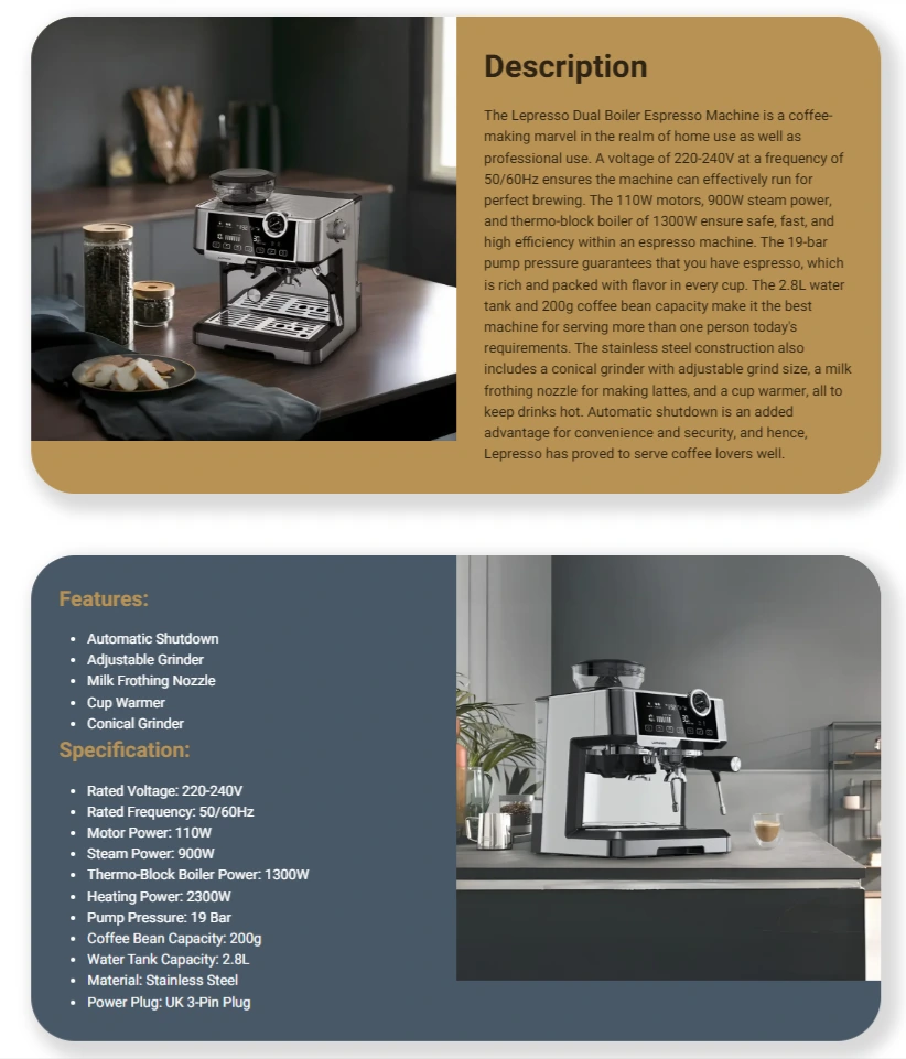 Lepresso Dual Boiler Espresso Machine with Conical Grinder & Pressure Gauge 7 Lepresso Dual Boiler Espresso Machine Lebanon - Silver