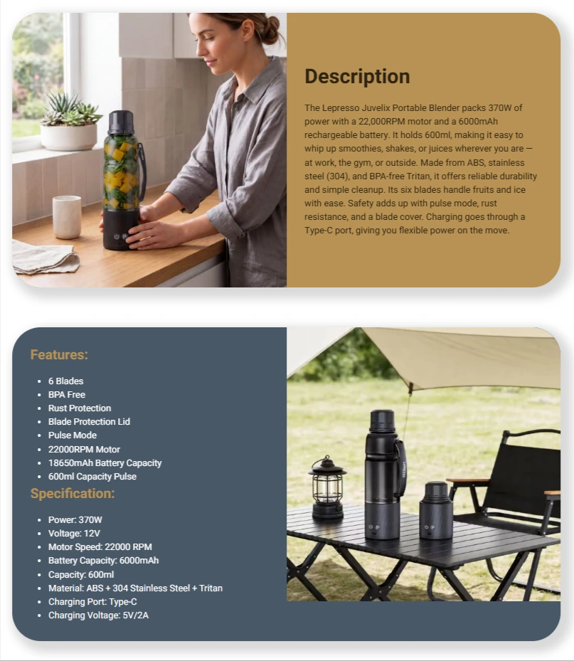 Lepresso Juvelix 370W Portable Blender Lebanon - Black